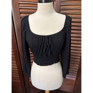 Fashion Nova Black Square Neck Smocked Crop Top Long Sleeve Tie Front Size L